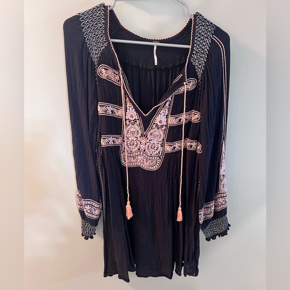 Free People long sleeve embroidered mini dress sz L - Picture 1 of 5